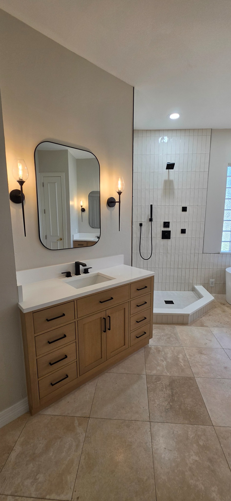 Finished bathroom vanity and mirrors